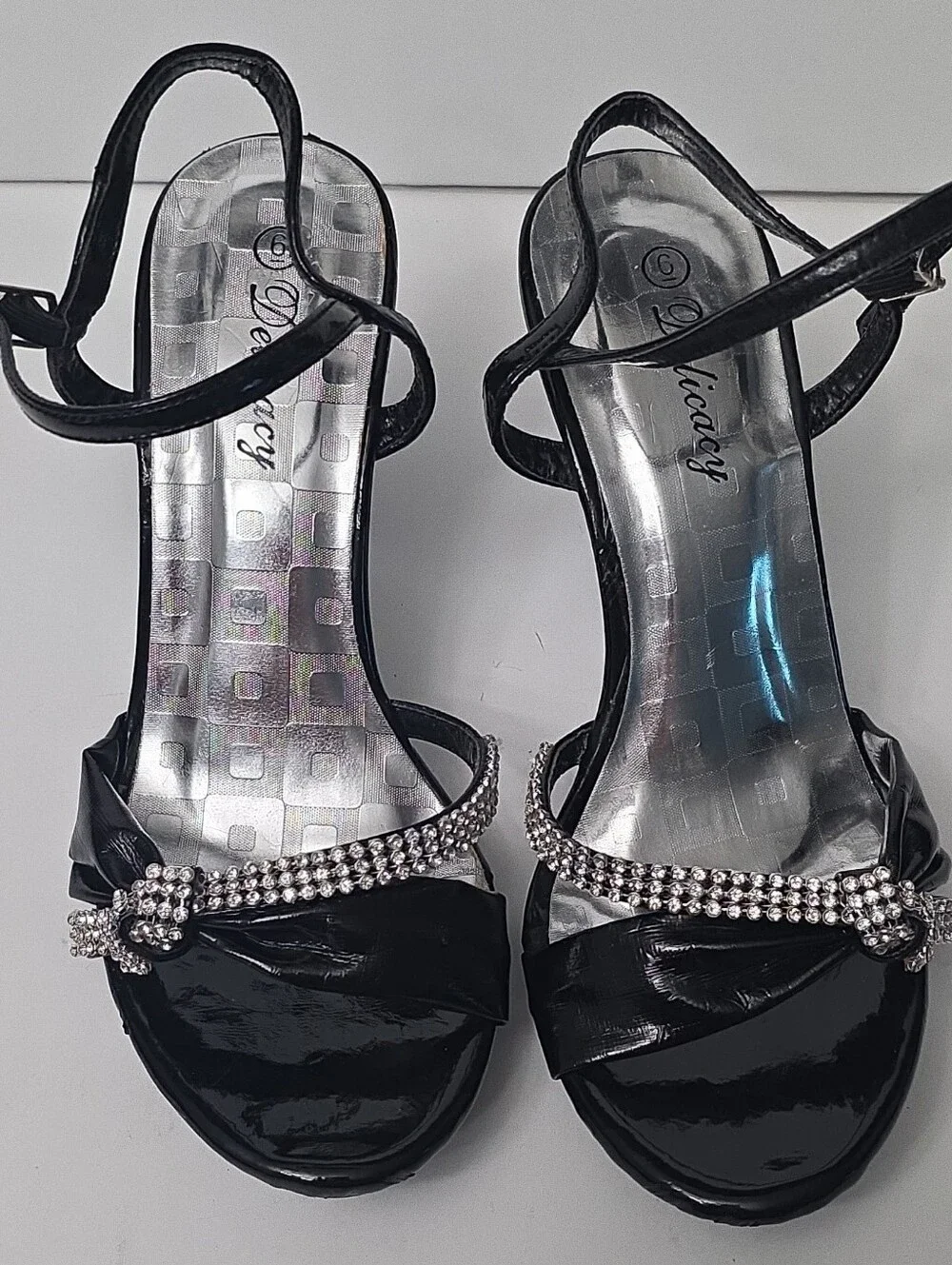 Delicacy Women's Black Patent Leather Rhinestone Strappy Ankle Strap Heels 6
